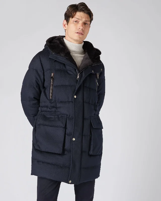 Men's Fur Hooded Quilted Coat Navy Blue