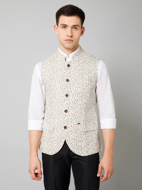 Cantabil Men Beige Floral Printed Formal Band Collar Sleeveless Waist Coat