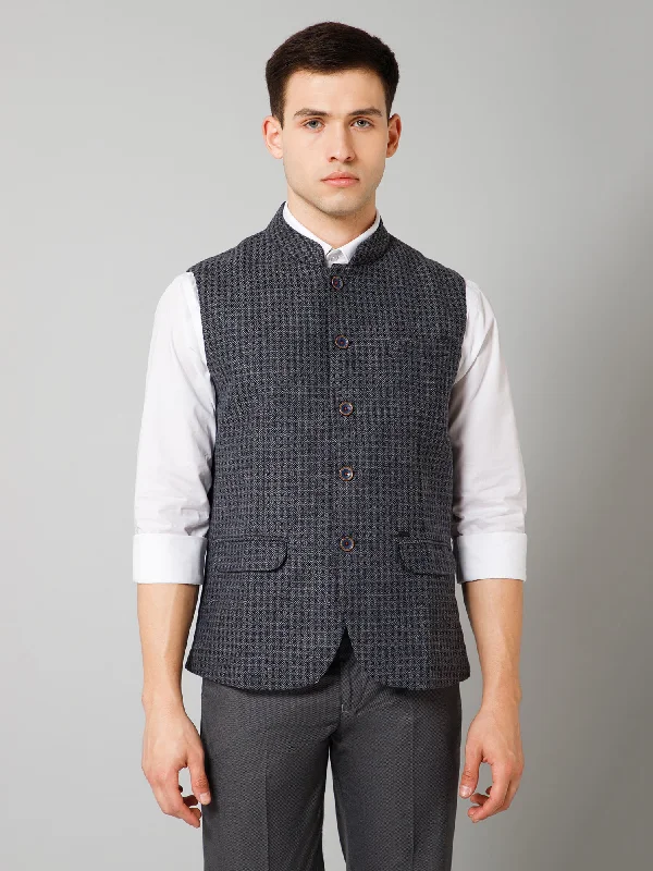 Cantabil Men Grey Self Design Formal Band Collar Sleeveless Waist Coat